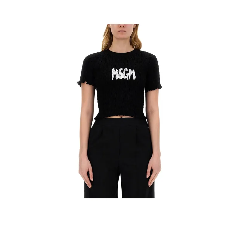 MSGM Logo Printed Smocked Cropped Top-0
