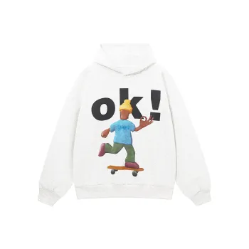 PAZZO Cartoon Character Skateboard Print Hoodie Unisex White Gray