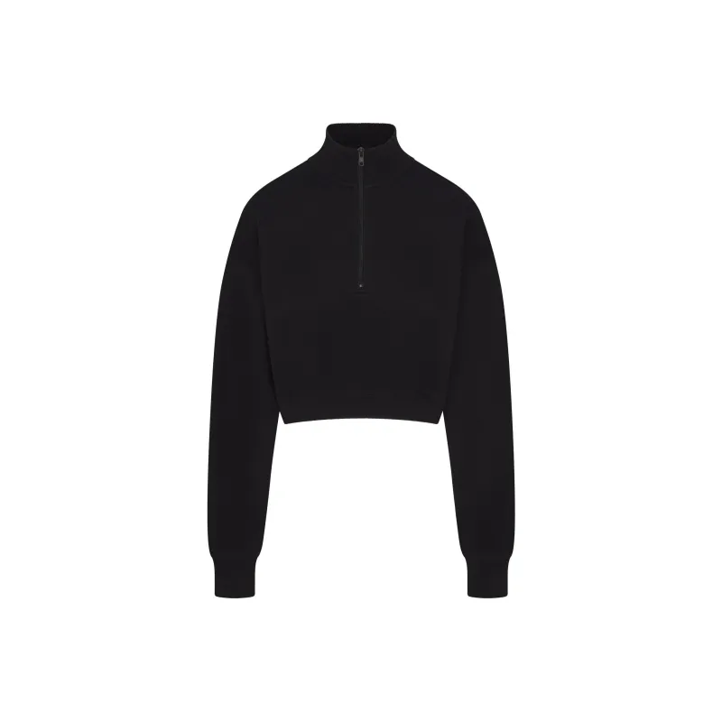 SKIMS FW24 COTTON FLEECE CROPPED HALF ZIP PULLOVER Sweatshirt Women's ONYX/Onyx-0