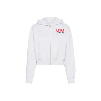 SPORTY & RICH Usa Athletics Cropped Zip Hoodie 'Heather Grey/Sports Red/Navy'