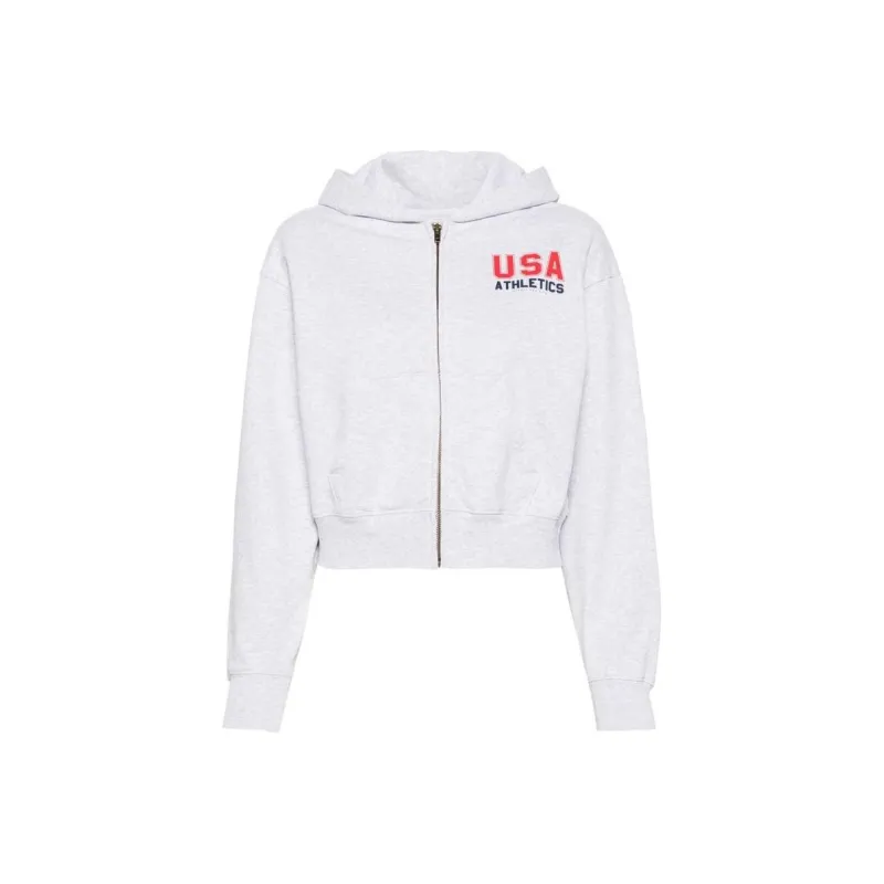 SPORTY & RICH Usa Athletics Cropped Zip Hoodie 'Heather Grey/Sports Red/Navy'-0