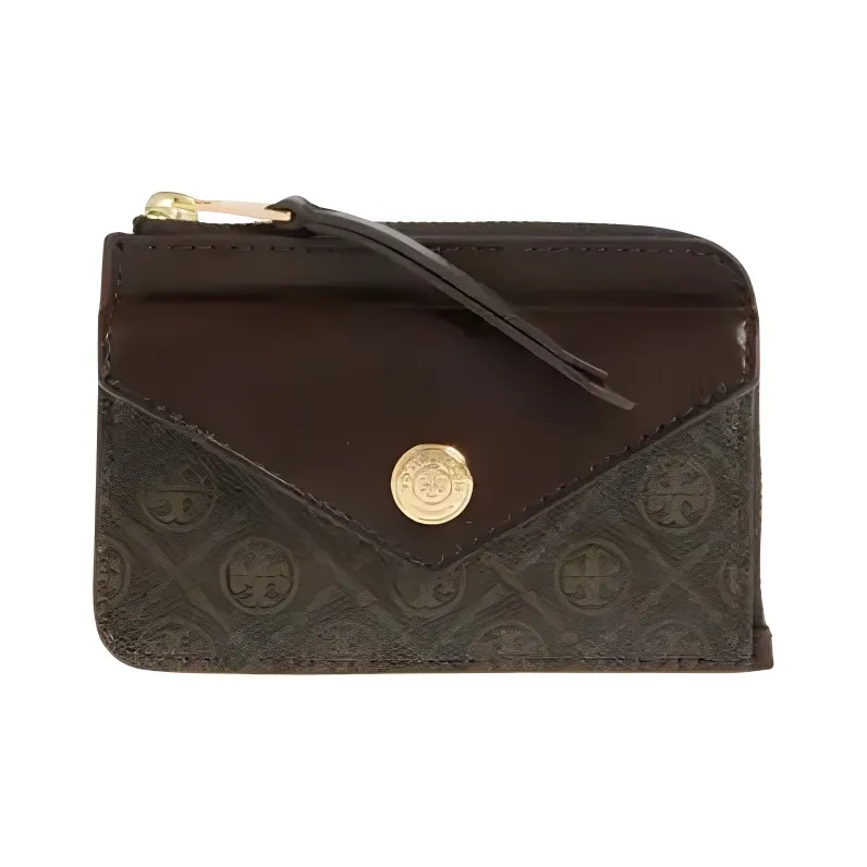 TORY BURCH T Monogram Coated Canvas Card Holder Unisex Brown-0