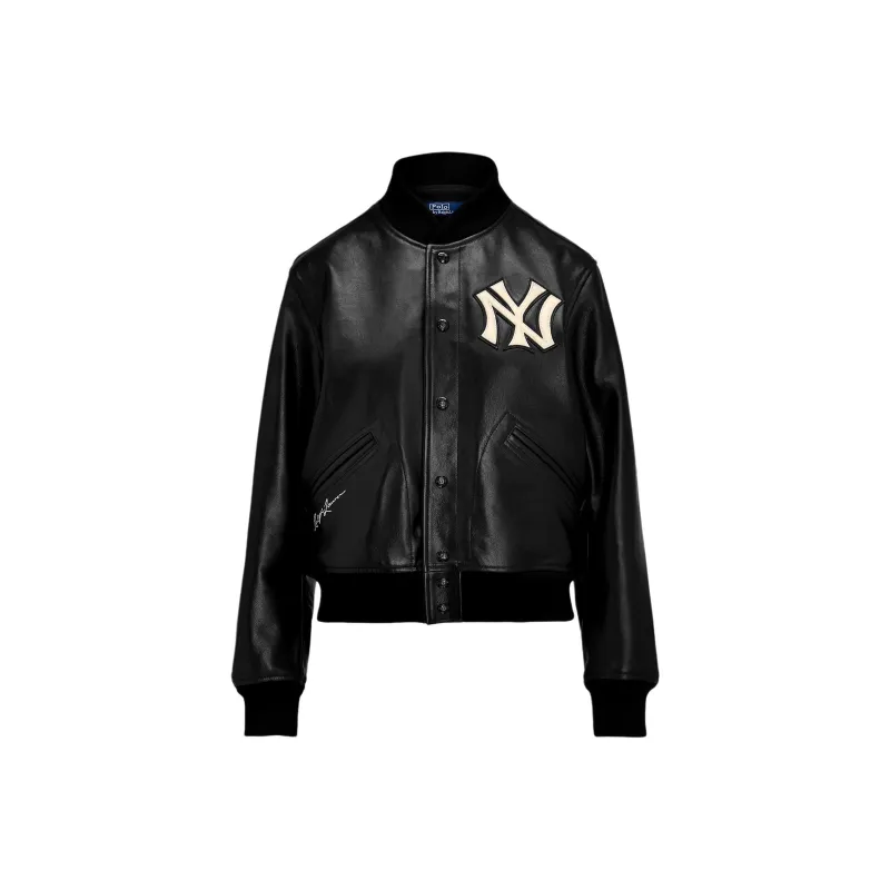 Polo Ralph Lauren Yankees Leather Jacket Jackets Coats Women's Black-0
