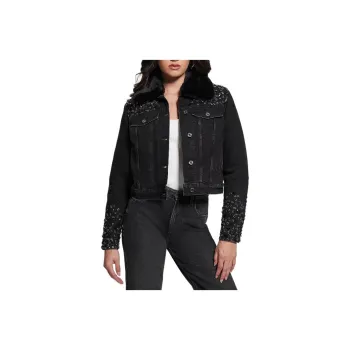 GUESS Shearling Collar Denim Jacket Jackets Coats Women's Black