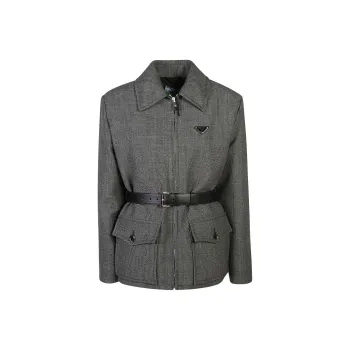 PRADA Triangle-Logo Belted Checked Jacket