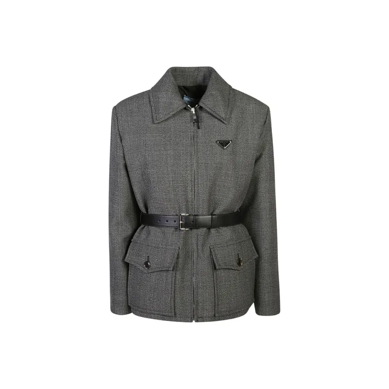 PRADA Triangle-Logo Belted Checked Jacket-0