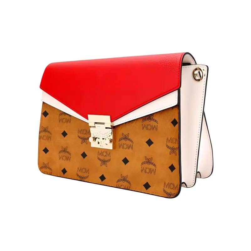 MCM Visetos Canvas With Leather Trunk Bag, Shoulder Bag, Crossbody Bag Medium Size Women's Red Brown Cognac-1