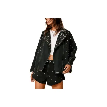 NASTY GAL Premium Embellished Studded Denim Moto Jacket Jackets Coats Women's Black
