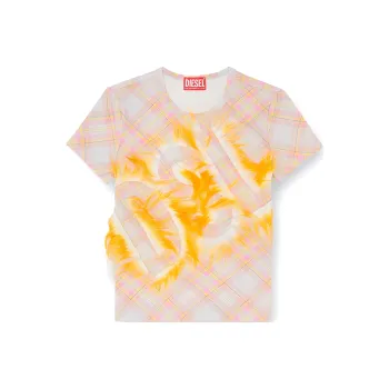 DIESEL Plush Logo Diamond Plaid Print Crew Neck Short-Sleeved T-Shirt Women's Orange