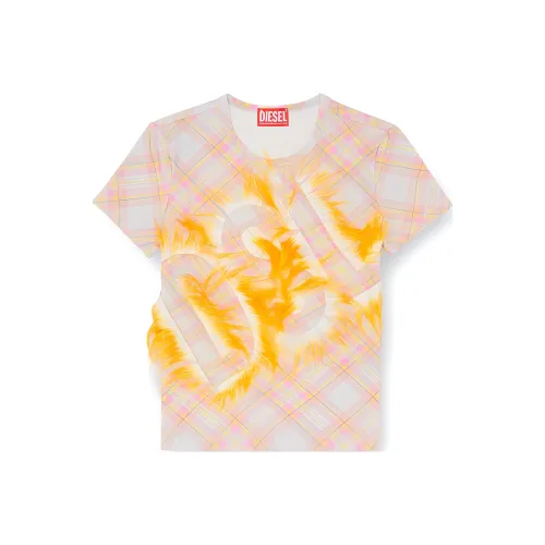DIESEL Plush Logo Diamond Plaid Print Crew Neck Short Sleeved T Shirt Women's Orange