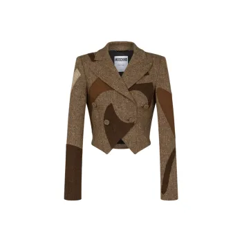 MOSCHINO Patchwork Cropped Wool Blend Jacket Jackets Coats Women's Brown