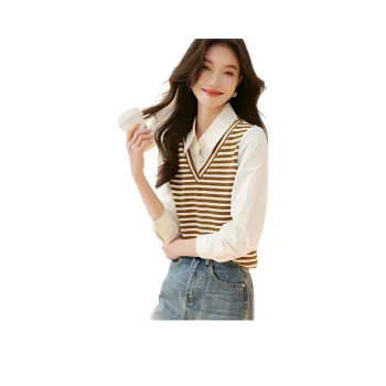 Mo Han Yi Mei Shirt Women's Yellow Green Stripes