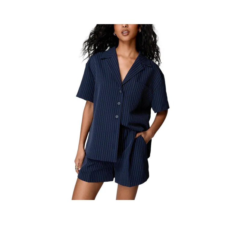 NASTY GAL Pinstripe Revere Shirt Shirt Women's Marine Blue-0