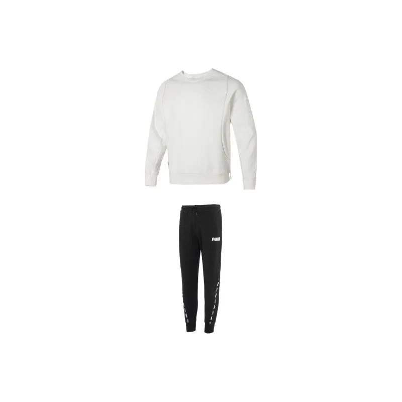 PUMA Casual Sportswear Men Clothing Set White Sweatshirt+Black Pants-0
