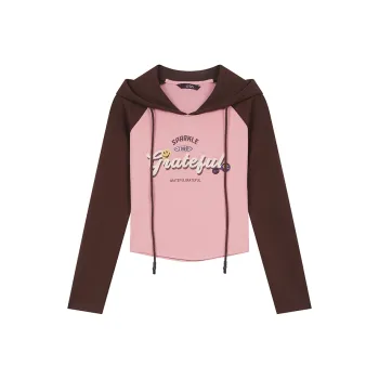 ELF SACK American Color Block Letter Print Raglan Hooded Long Sleeved T Shirt Women's