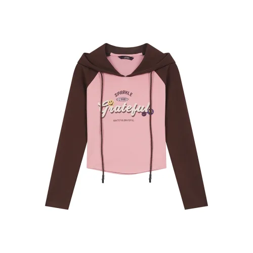ELF SACK American Color Block Letter Print Raglan Hooded Long Sleeved T Shirt Women's