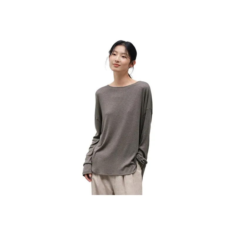 WHITEALLUSION Drop Shoulder Sleeve T Shirt Women's Gray-0