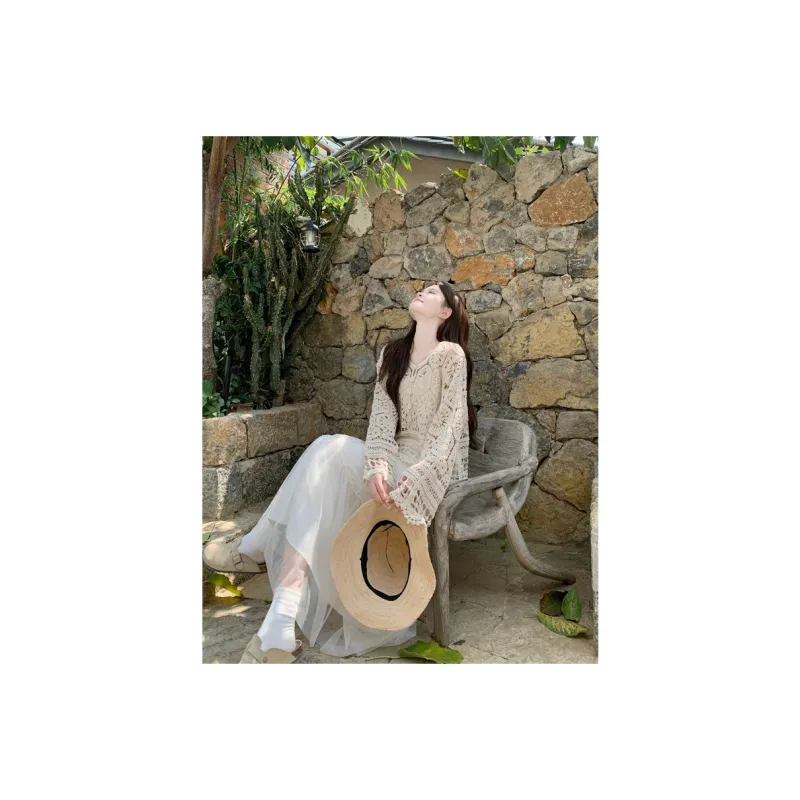 SNZX Two Piece Skirt Sets Women's Clothing Set Apricot Cover Up+White Skirt-3