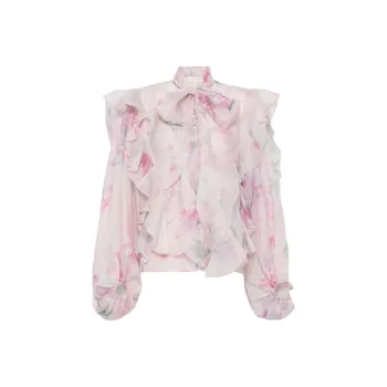 Zimmermann Crush Tie Neck Ruffle Blouse