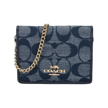 COACH Chambray With Smooth Leather Chain Wallet Clutch, Shoulder Bag, Crossbody Bag Mini Women's Denim Blue