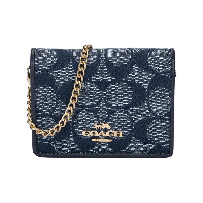 COACH Chambray With Smooth Leather Chain Wallet Clutch, Shoulder Bag, Crossbody Bag Mini Women's Denim Blue-0