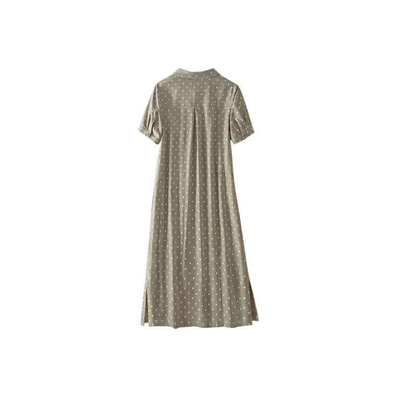 Cypress House Short Sleeved Dress Women's Khaki Green Polka Dot-1