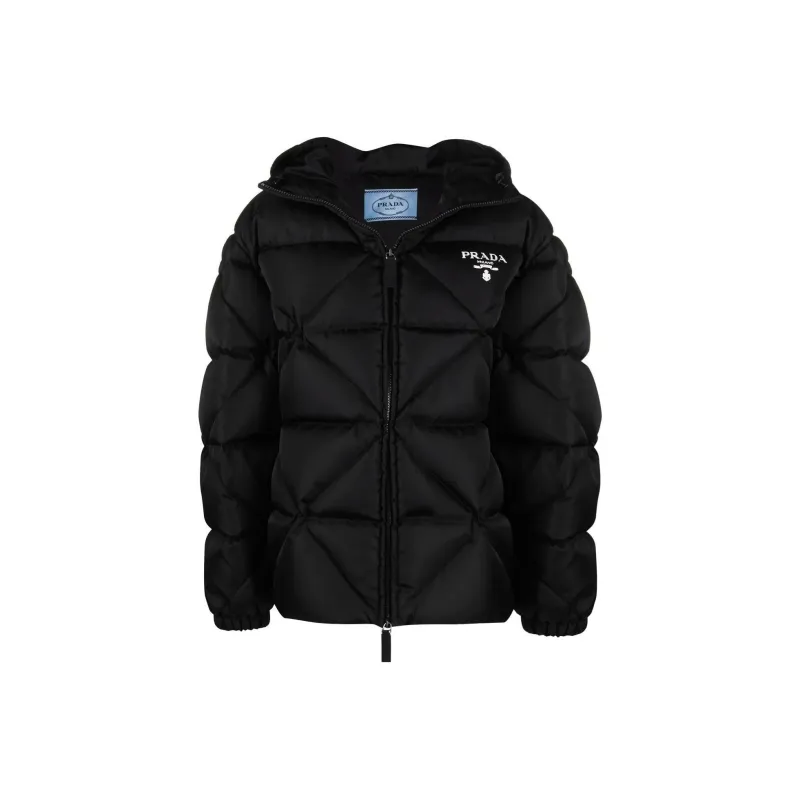 PRADA Letter Solid Color Hooded Loose Fit Down Jacket Women's Black-0