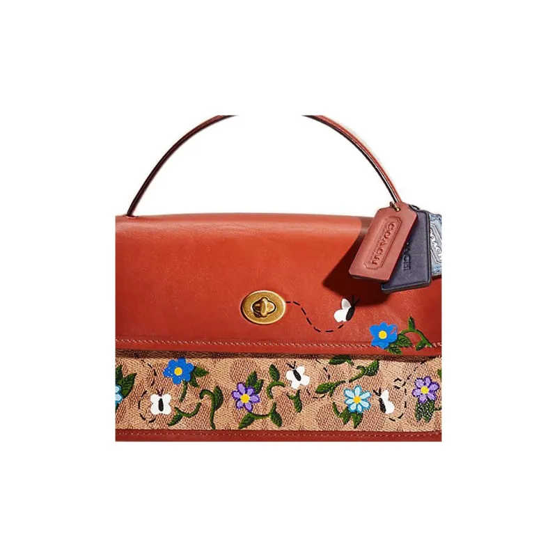 COACH Turnlock Canvas With Calfskin Handbag Shoulder Bag Crossbody Bag Clutches Large Size Women's Brown-3
