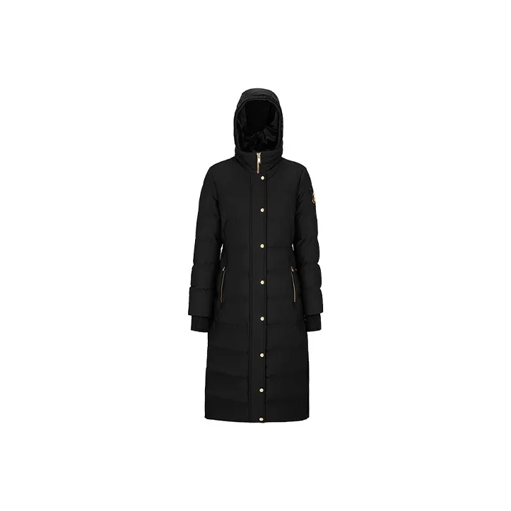 Moose Knuckles FW21 Solid Color Hooded Fitted Long Down Jacket Women's Black-0