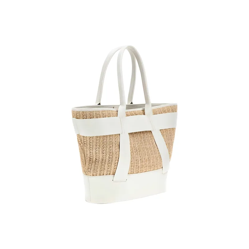 GUESS Raffia With Artificial Leather Tote Bag Shopping Bag Shoulder Bag Handbag Women's Beige & White-1