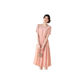 Like The Age Of Water Summer Short Sleeved Dress Cinched Waist Women's Pink