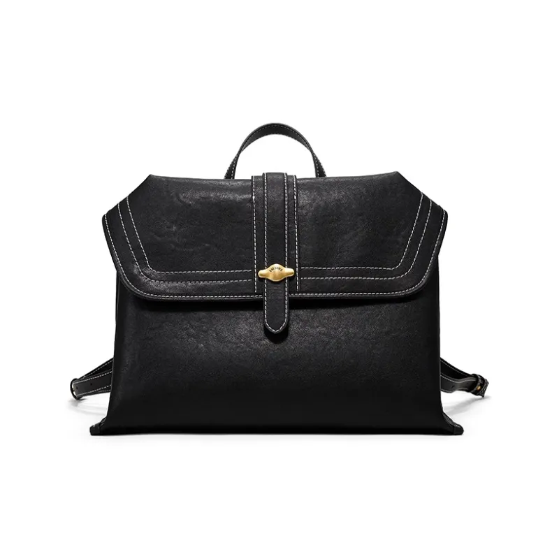 Simedin Cow Leather Backpack Medium Size Women's Deep Black/Ecru-0