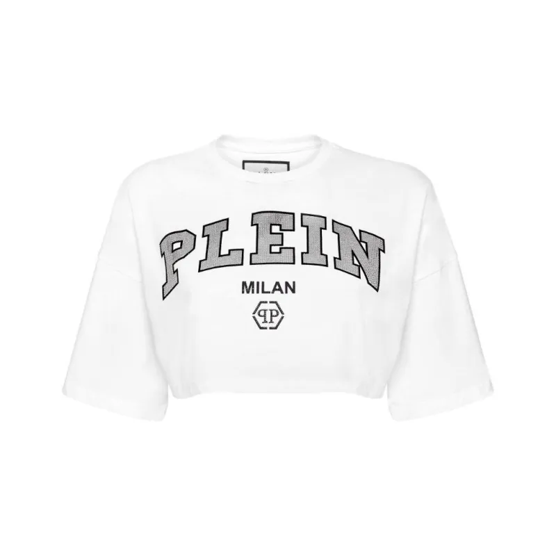 PHILIPP PLEIN Logo embellished Cotton Crop Top-0
