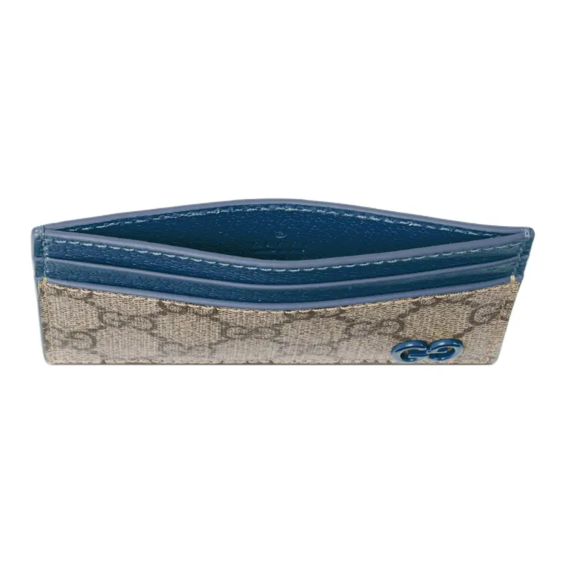 GUCCI Canvas With Leather Trim Card Holder Men's Blue & Dark Brown-3