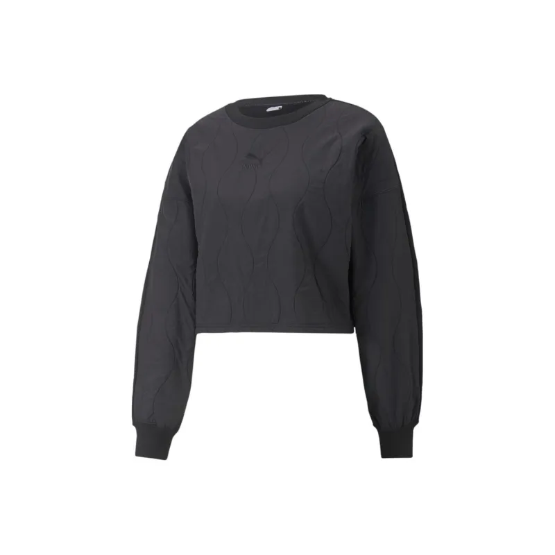 PUMA CLASSICS Classics Quilting Applique Cropped Crew Fleece Sweatshirt Women's Black-0