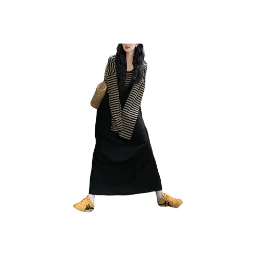 Wbwq Skirt Set Women's Black Beige Stripe