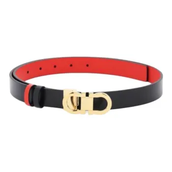 FERRAGAMO Brass Leather Belts Women's Black Red Width 2.5CM