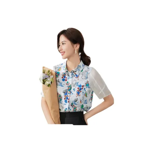 XIRAN Shirt Women's White Base With Blue Floral Accent