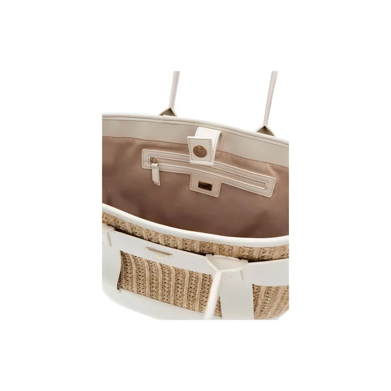GUESS Raffia With Artificial Leather Tote Bag Shopping Bag Shoulder Bag Handbag Women's Beige & White-2