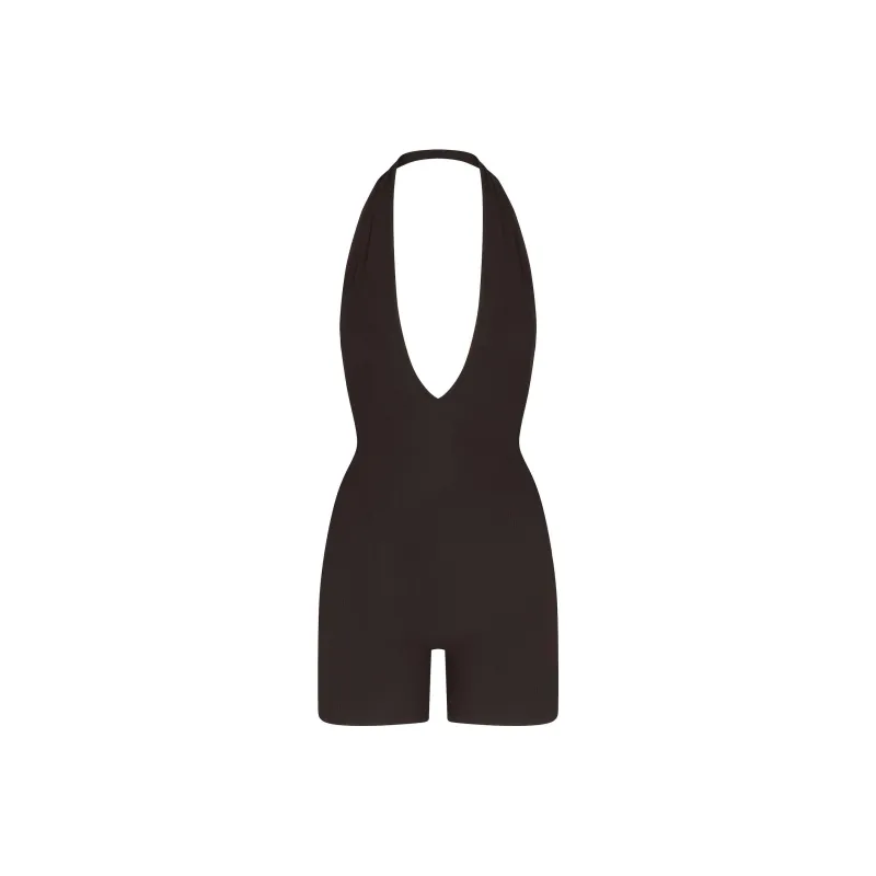 SKIMS SOFT LOUNGE DEEP PLUNGE HALTER ONESIE Bodysuits Women's ONYX/Onyx-0