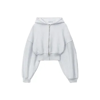 Alexander Wang Branded Seam Label Cropped Zip Up Hoodie Light Heather Grey
