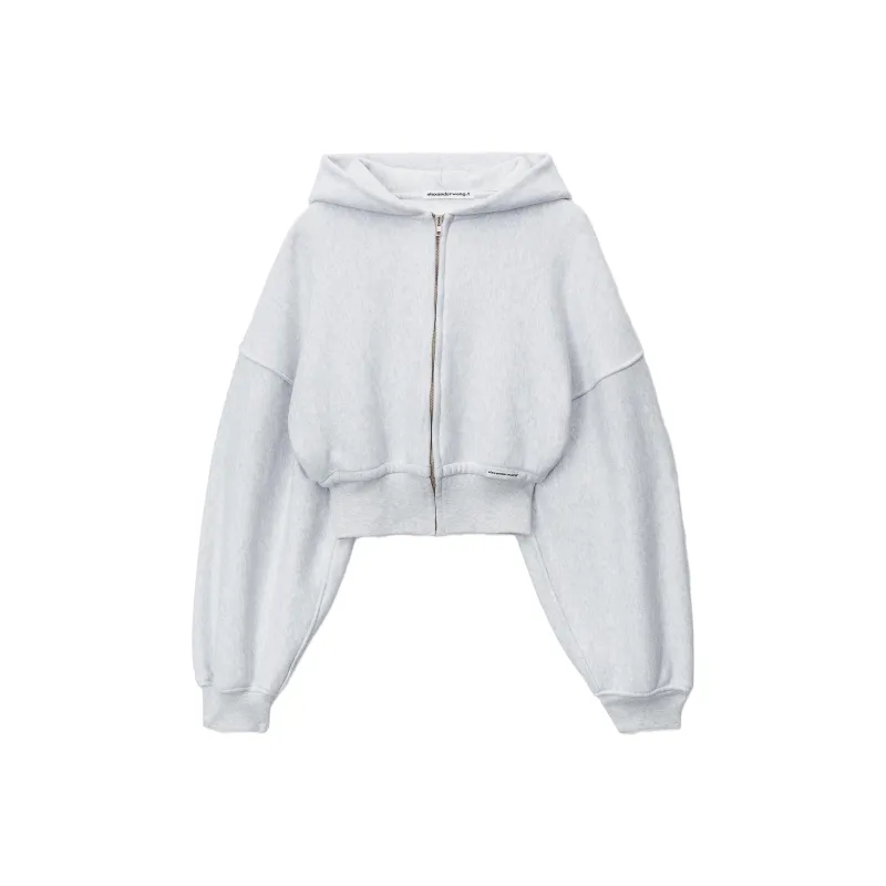 T By Alexander Wang Branded Seam Label Cropped Zip Up Hoodie Light Heather Grey-0
