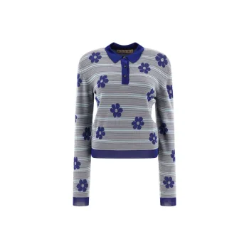 MARNI Striped Flowers Long Sleeve Polo Neck 'Mazarine Blue'