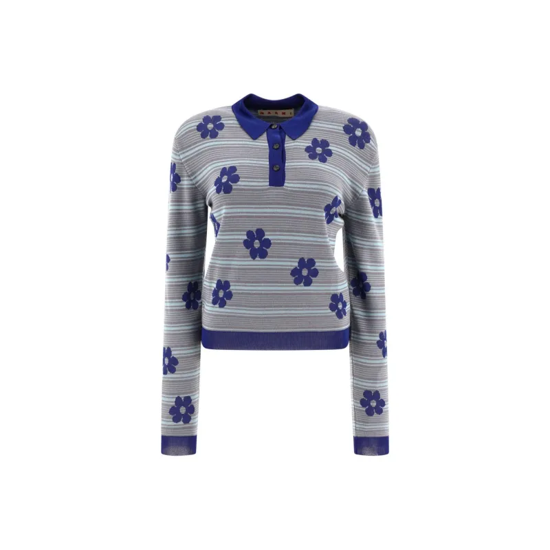 MARNI Striped Flowers Long Sleeve Polo Neck 'Mazarine Blue'-0
