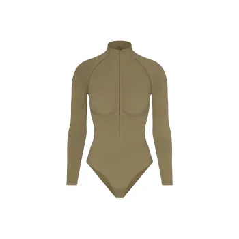 SKIMS SEAMLESS SCULPT ZIP FRONT LONG SLEEVE THONG BODYSUIT Bodysuits Women's ARMY/Army Green
