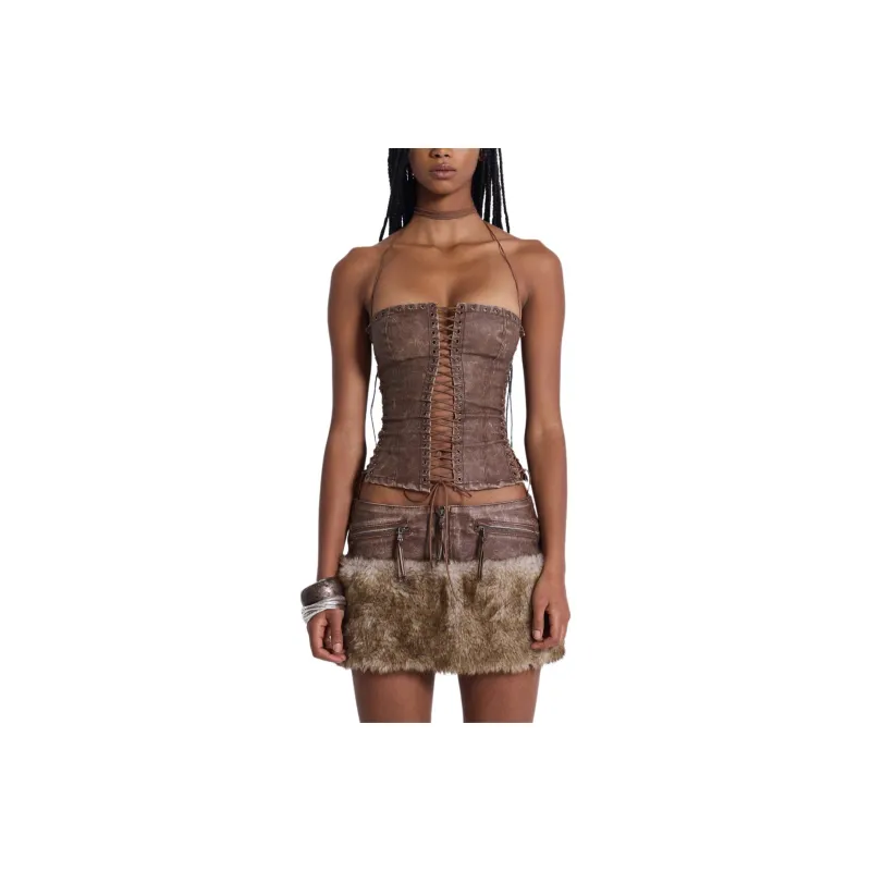 Jaded London Odile Brown Faux Leather Lace Strapless Top Women's Brown-0