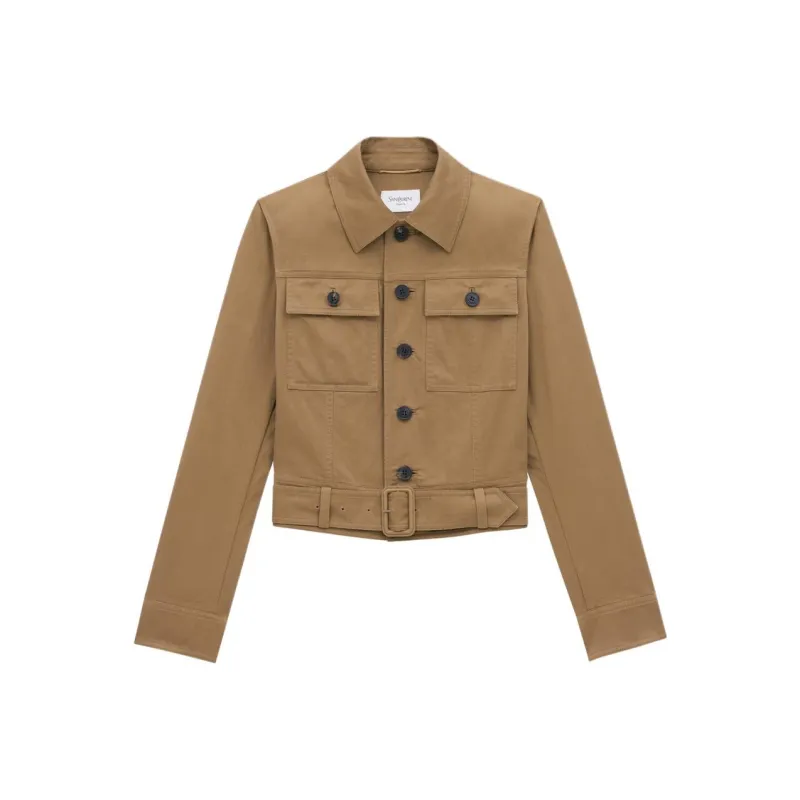 SAINT LAURENT Cropped Belted Jacket 'Chatain'-0