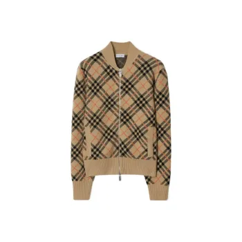 Burberry Checked Knitted Zip Up Bomber Jacket