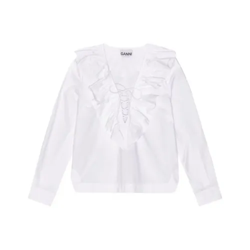 GANNI Ruffled V Neck Straight Hem Shirt