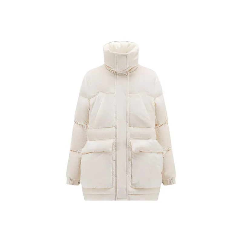 Moncler FW22 Solid Color Stand Collar Mid-Length Down Jacket Women's Ecru-0